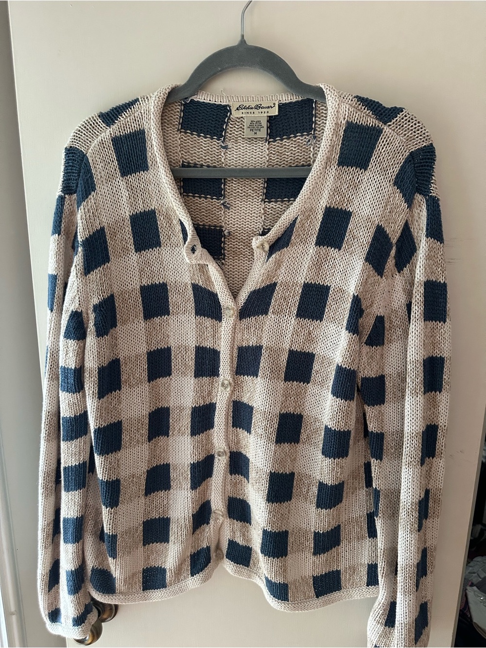 Vintage Eddie Bauer Navy and Cream Checkered Knit Cardigan